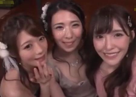 【橋本ありな 相沢みなみ 山岸逢花】1本のチンポを3人で咥えるハーレムフェラチオ、フィニッシュは3人均等に精液を浴びる
