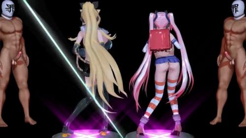 ムチムチな二人組がお尻を振りまくりのエロダンス♡MMDストリップ♡