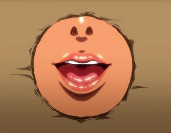 丸く切り取られた段ボールから出ている綺麗な口！まるでおちんぽを差し出せと言わんばかりに...