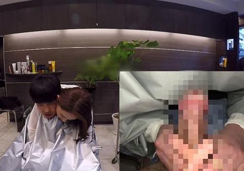 巨乳女性美容師がカット中に男の耳へ息を吹きかけて誘惑！クロス越しに誰も見えないよう竿シゴき！