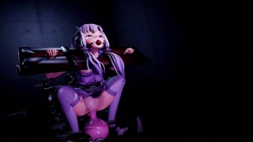 ボーカロイドの結月ゆかり。首枷、足枷、ボールギャグ。強制マシンでボコボコディルドに腰を落とす。