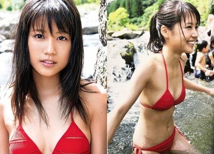 【有村架純】芸能人★赤い水着で川遊び。眩しい笑顔で19歳のオッパイが上下にぷるるん♥って揺れてチ○ポにガツンとくる！！