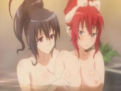 お風呂場で爆乳美少女たちがお互いのおっぱいを揉み合うえっちな百合シーンで貧乳娘が羨ましそうに見ちゃう♡♡