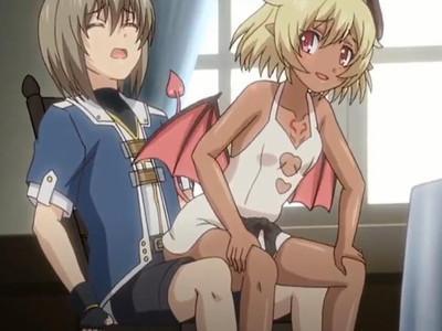 褐色肌のロリっ子貧乳サキュバスがショタボーイに馬乗りでチンポ挿入♥背面座位状態で子種ザーメンを搾り取っちゃう♥