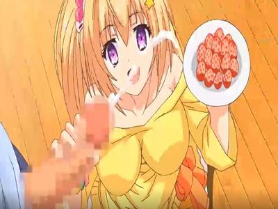 金髪ロリ巨乳妹のおやつにたっぷり濃厚精液ぶっかけ♡そのまま勃起チンポに練乳垂らしてジュポジュポ激エロ極上フェラ堪能！