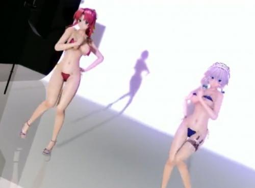 おっぱいスタイル抜群な赤髪と銀髪の美少女2人がエロエロ誘惑ダンス♥♥絶妙な腰振りでチンコもビンビンする！！
