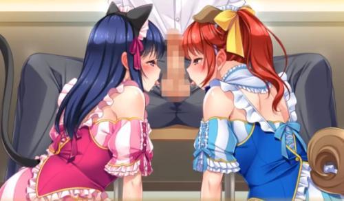 【口内射精】ケモミミ姿の巨乳メイドさんたちから勃起チンポをペロペロ舐められ手大量ザーメン顔面射精！！