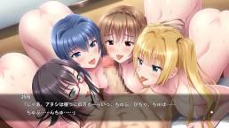 エロゲ―　巨乳おっぱい美人姉4人とハーレムに順番におっぱい吸い付き、4人でフェラのチンコ取り合い
