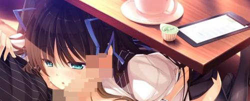 巨乳美少女がテーブルの下に隠れて男根をフェラ抜き！アルバイト先の店内でイケナイ事する2人