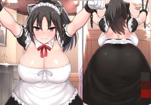 巨乳美女メイドが拘束され着衣セックス！黒パンストに穴開けられパンツずらしハメ