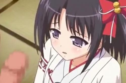 巫女のロリ巨乳美少女がおぼつかない手つきでチンポをご奉仕