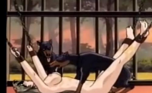 【エロアニメ獣姦】鎖で拘束された巨乳美女がドーベンルマンに犯され種付けされる！