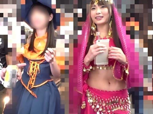ハロウィンでナンパしたコスプレ素人娘2人のマンコ弄って手マン責め潮吹き、フェラ、手コキ、勃起肉棒挿入ガン突き絶頂。