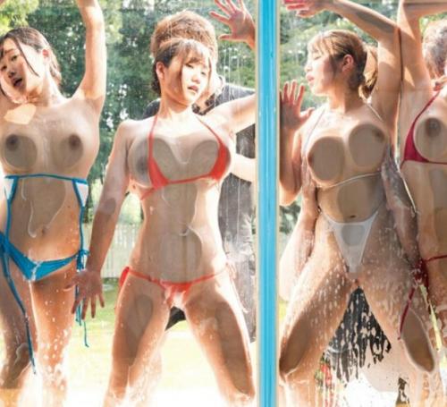 MM号の洗車を始め、おっぱいでカーウォッシュすることの抵抗を無くし、後は男優の乳首テクでイカセ、そのまま大乱交に発展！