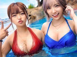 【素人】神回☆可愛い☆文句なし！巨乳美尻なギャル2人組とセックス！おっぱいビキニ水着ビッチがレズキス、フェラ＆3P乱交！