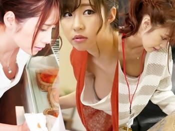 無防備な胸チラで無意識にお客を誘惑している美人ショップ店員さんの後をつけ…バックヤードで襲ったら予想に反し発情モードに！